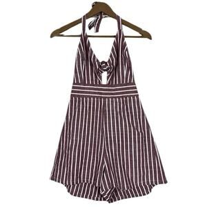 Love Tree Romper Womens M Red White Striped Halter Cut Out Open Back Nautical